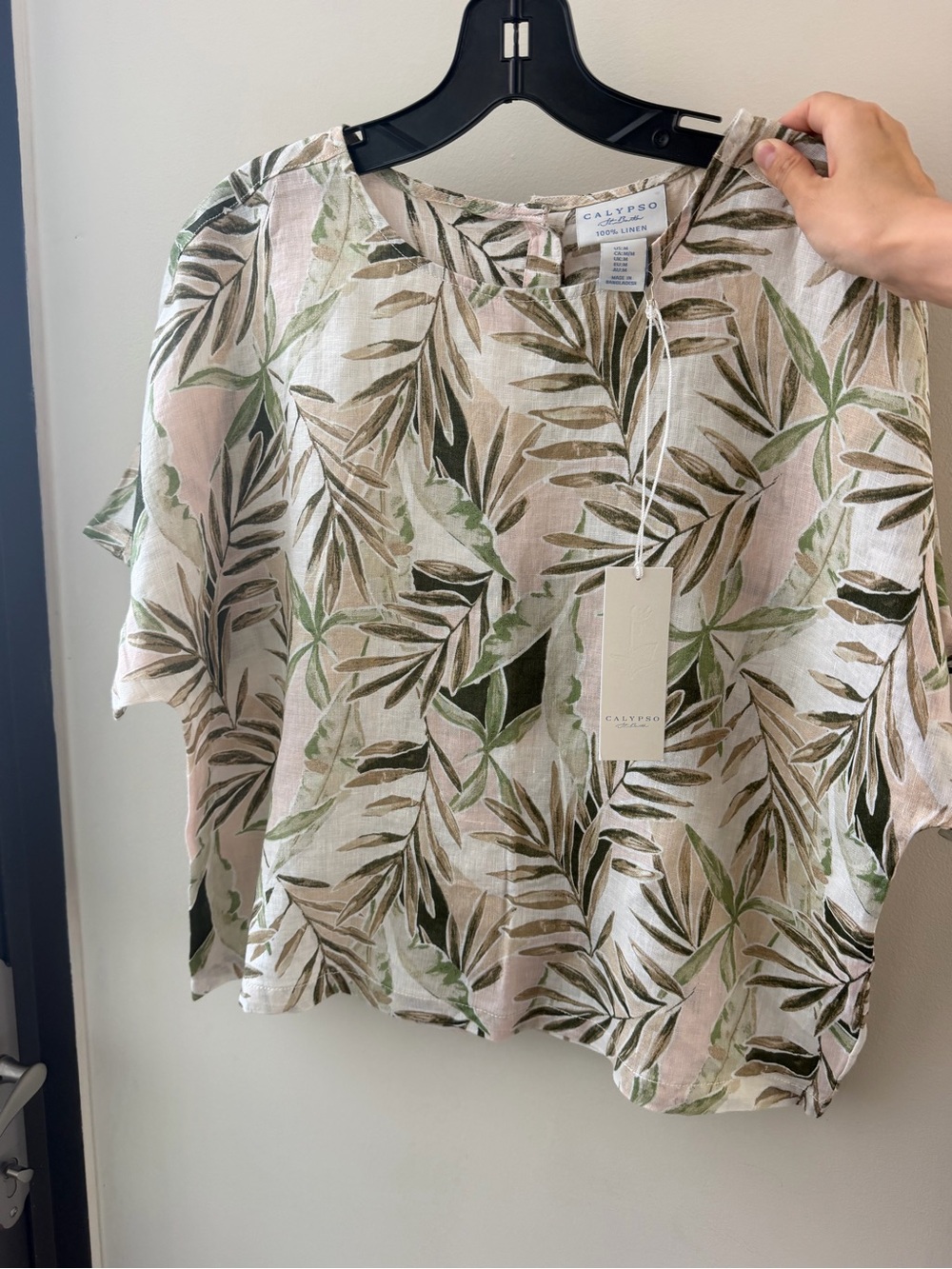 Calypso 100% Linen Leaf Print Short Sleeve Top